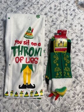 ELF Holiday Kitchen Towel and Green Novelty Socks